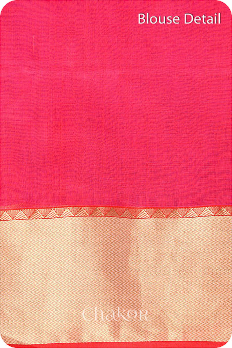 Chakor's Pink Handloom Silk Cotton Saree with woven textured zari border and mukaish embroidery.