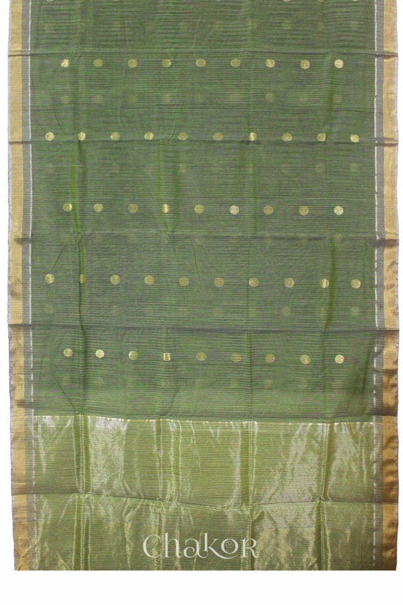 Chakor's Olive Green Silk Cotton Saree with woven buttis in zari.Chakor's Olive Green Silk Cotton Saree with woven buttis in zari.