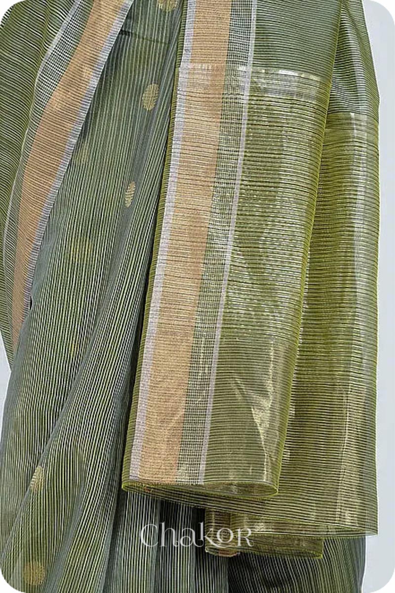 Chakor's Olive Green Silk Cotton Saree with woven buttis in zari.