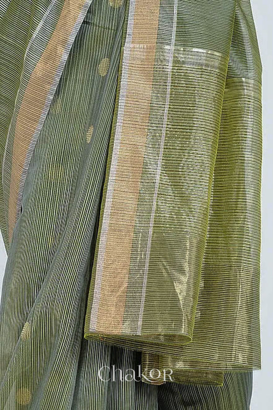 Chakor's Olive Green Silk Cotton Saree with woven buttis in zari.