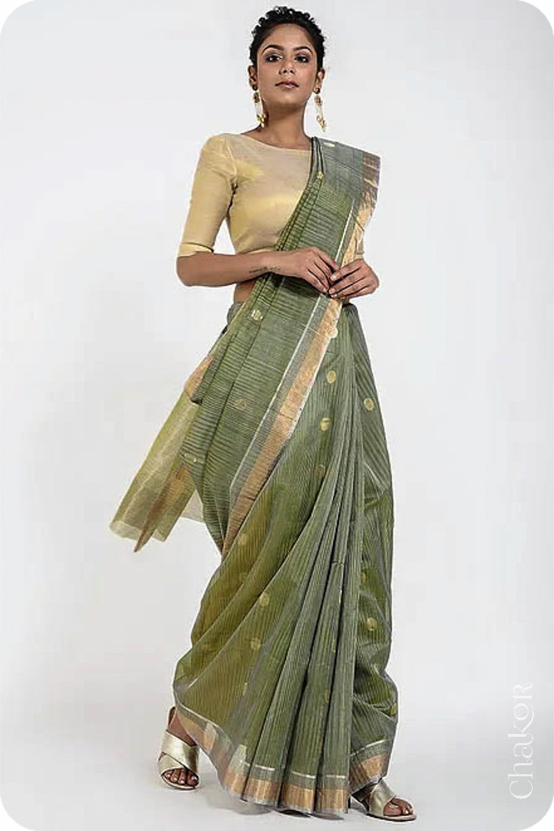 Chakor's Olive Green Silk Cotton Saree with woven buttis in zari.