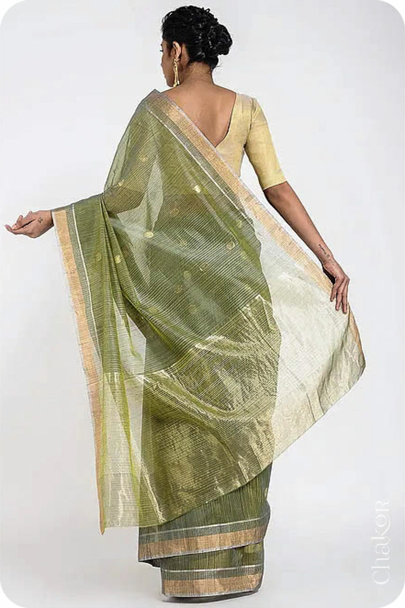 Chakor's Olive Green Silk Cotton Saree with woven buttis in zari.