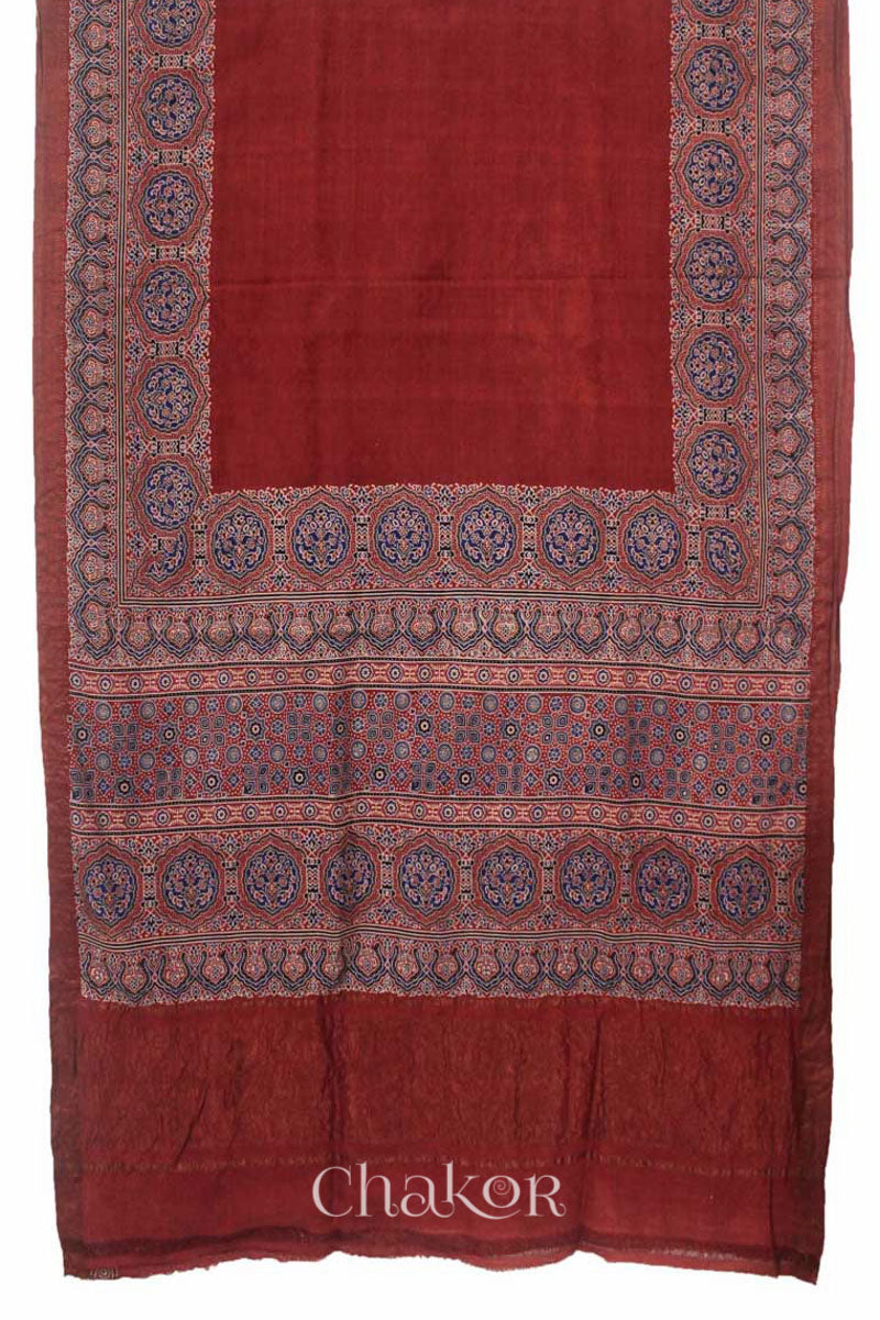 Chakor's Natural Dyed Madder Red Ajrakh Mangalgiri Cotton Saree.