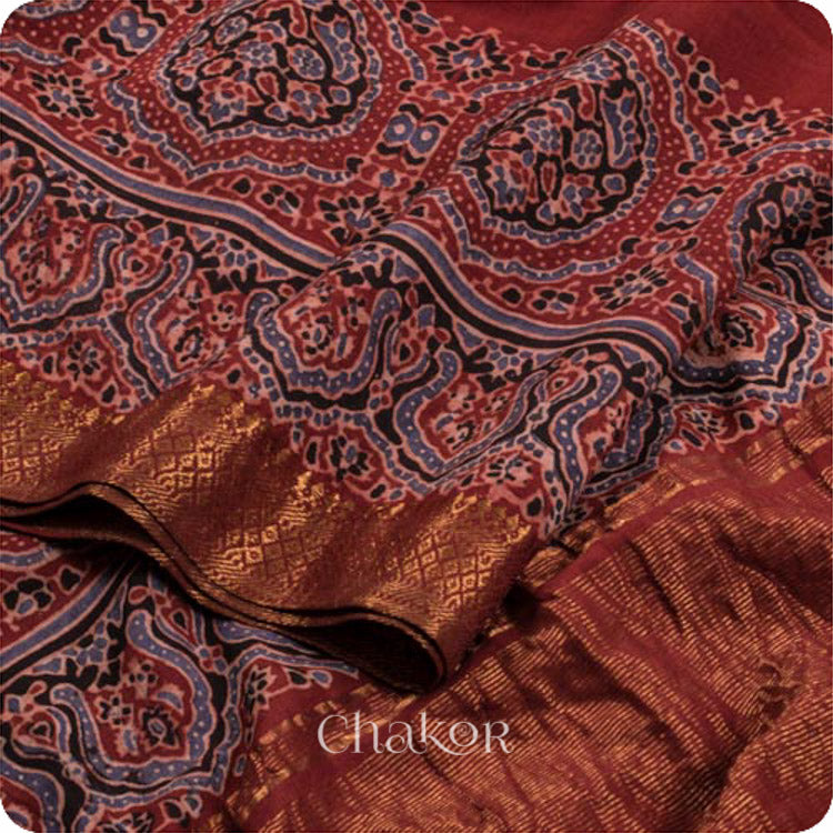 Chakor's Natural Dyed Madder Red Ajrakh Mangalgiri Cotton Saree.