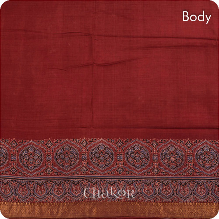 Chakor's Natural Dyed Madder Red Ajrakh Mangalgiri Cotton Saree.