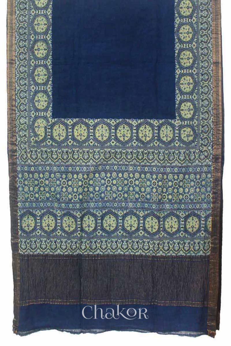 Chakor's Natural Dyed Indigo Ajrakh Mangalgiri Cotton Saree.