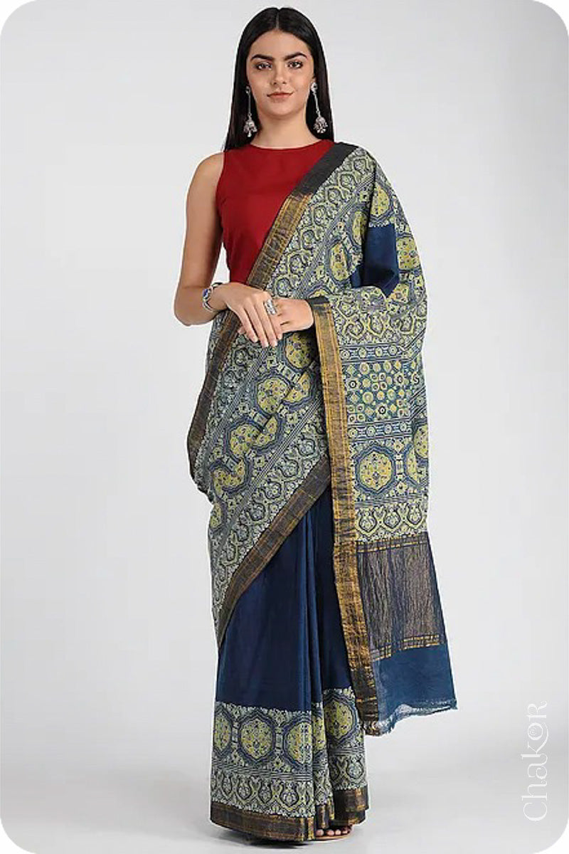 Chakor's Natural Dyed Indigo Ajrakh Mangalgiri Cotton Saree.