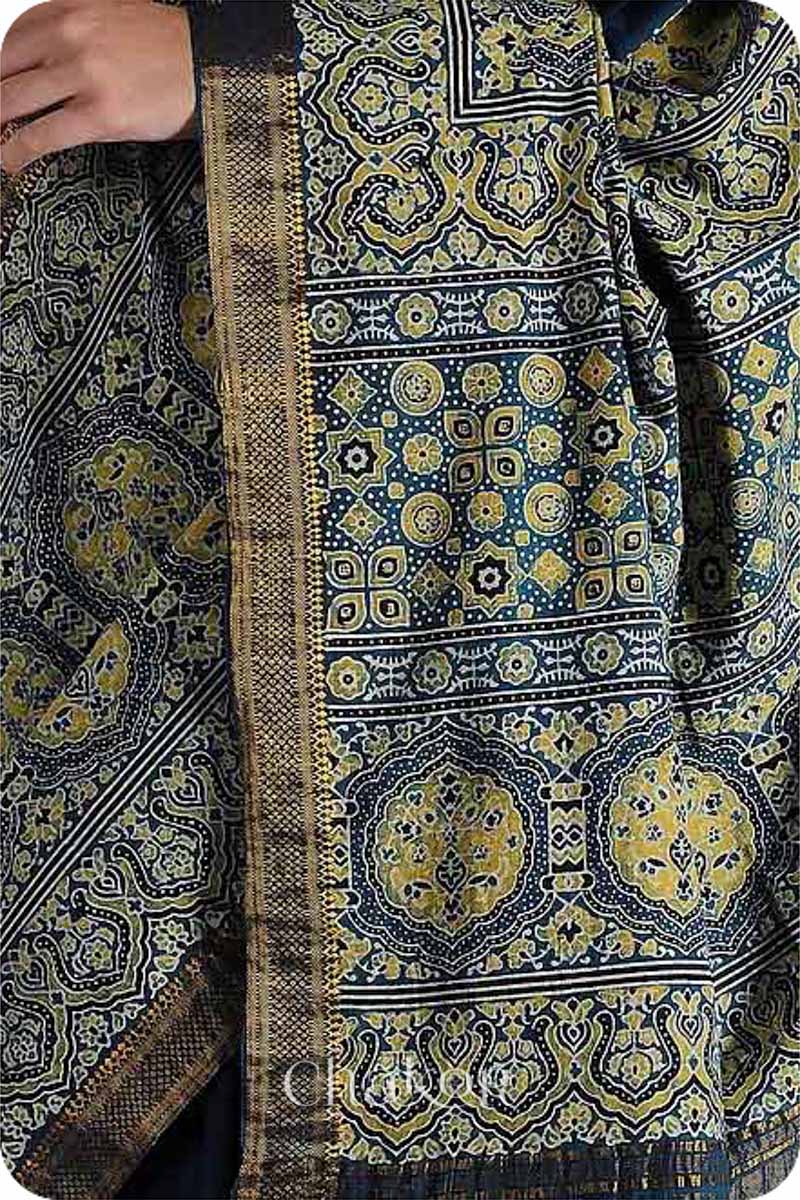 Chakor's Natural Dyed Indigo Ajrakh Mangalgiri Cotton Saree.