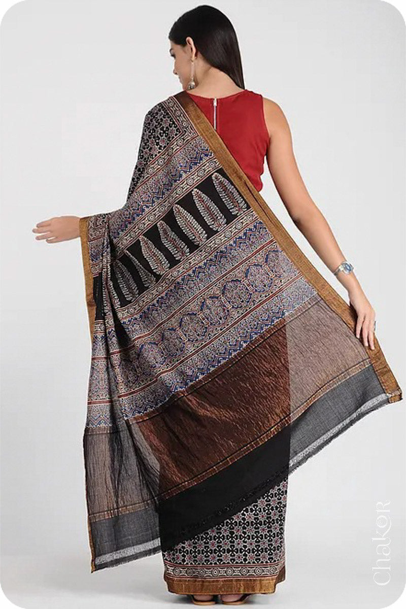 Chakor's Natural Dyed Black Ajrakh Mangalgiri Cotton Saree.