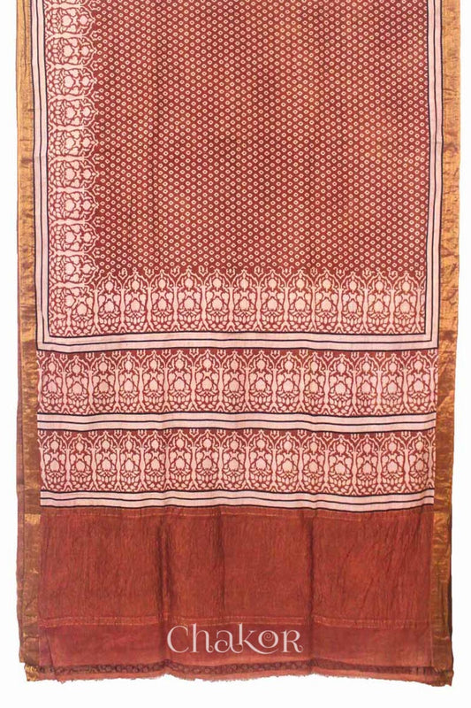 Chakor's Natural Dyed Brown Ajrakh Mangalgiri Cotton Saree.