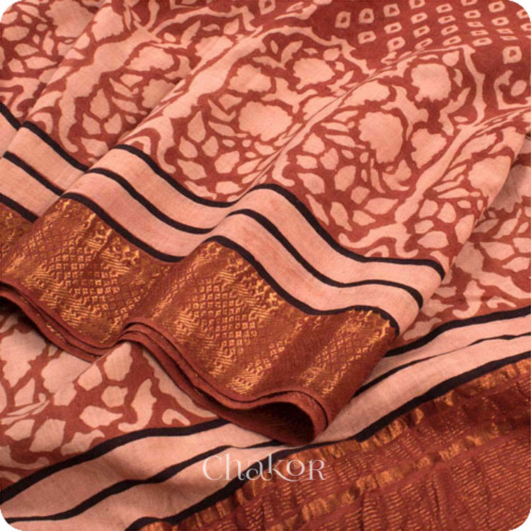 Chakor's Natural Dyed Brown Ajrakh Mangalgiri Cotton Saree.