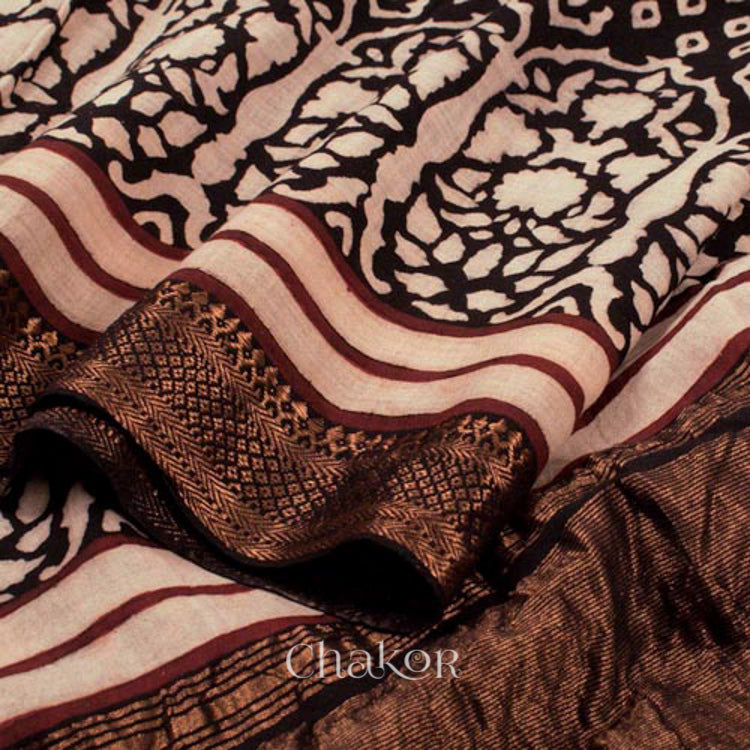 Chakor's Natural Dyed Black Ajrakh Mangalgiri Cotton Saree.