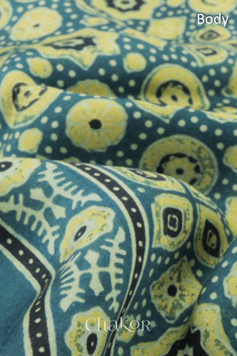 Close up of Natural Dyed Indigo Ajrakh Printed Modal Cotton Saree Handcrafted in Kutch.