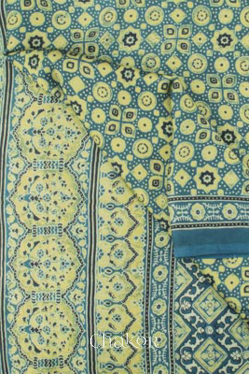 Close up of Natural Dyed Indigo Ajrakh Printed Modal Cotton Saree Handcrafted in Kutch.