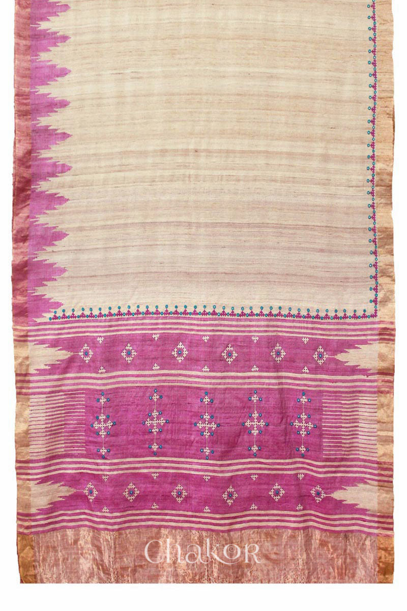 Natural Offwhite Pink Khadi Tussar Silk Saree