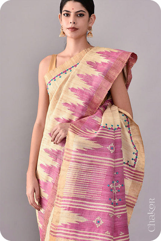 Natural Offwhite Pink Khadi Tussar Silk Saree