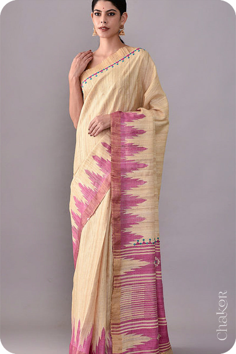 Natural Offwhite Pink Khadi Tussar Silk Saree