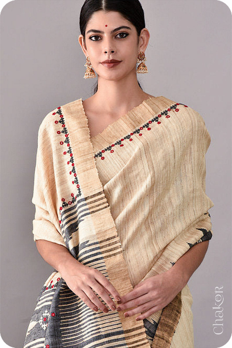 Natural Offwhite Black Khadi Tussar Silk Saree