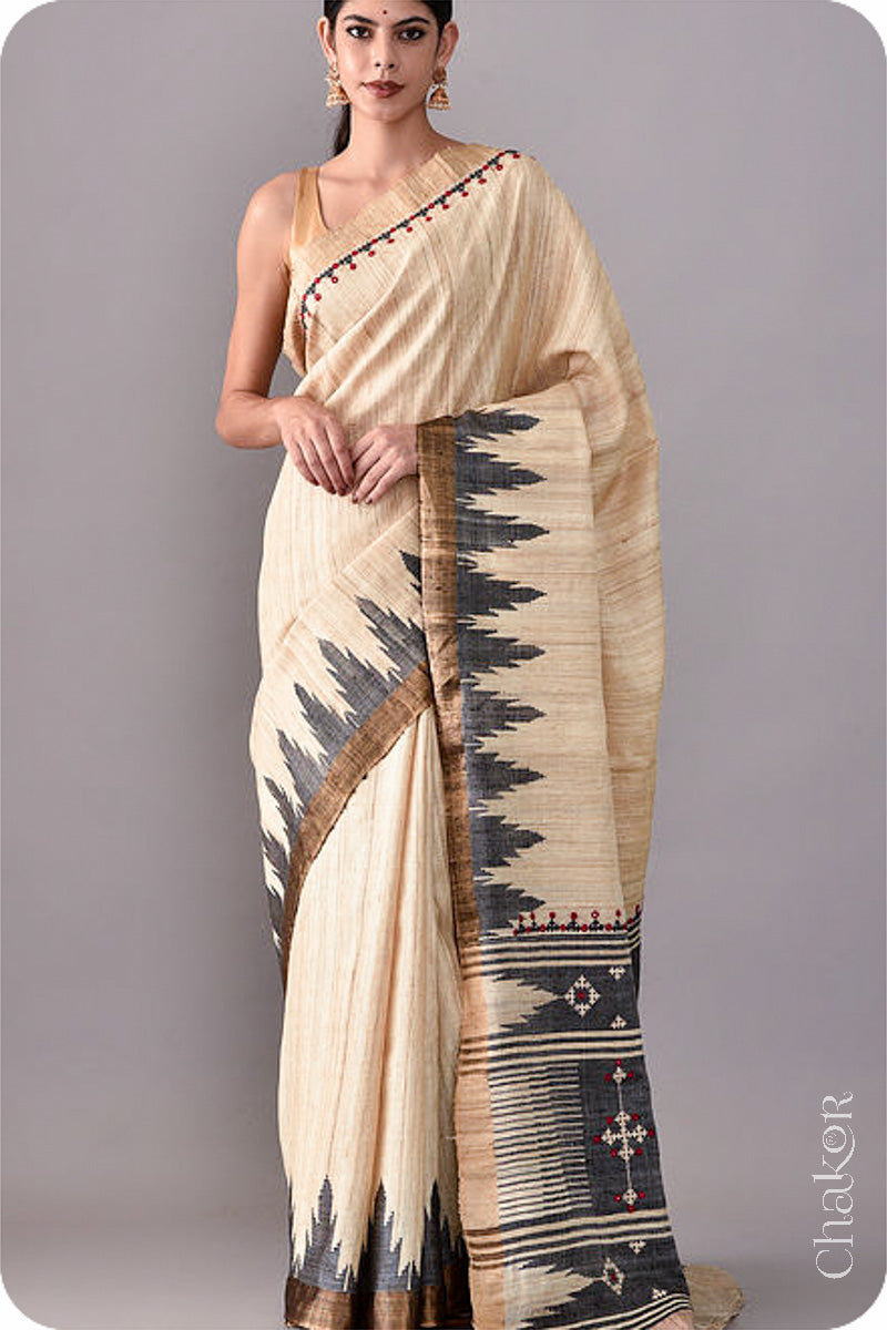 Natural Offwhite Black Khadi Tussar Silk Saree