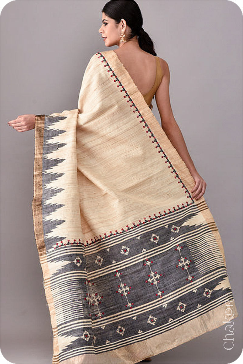 Natural Offwhite Black Khadi Tussar Silk Saree