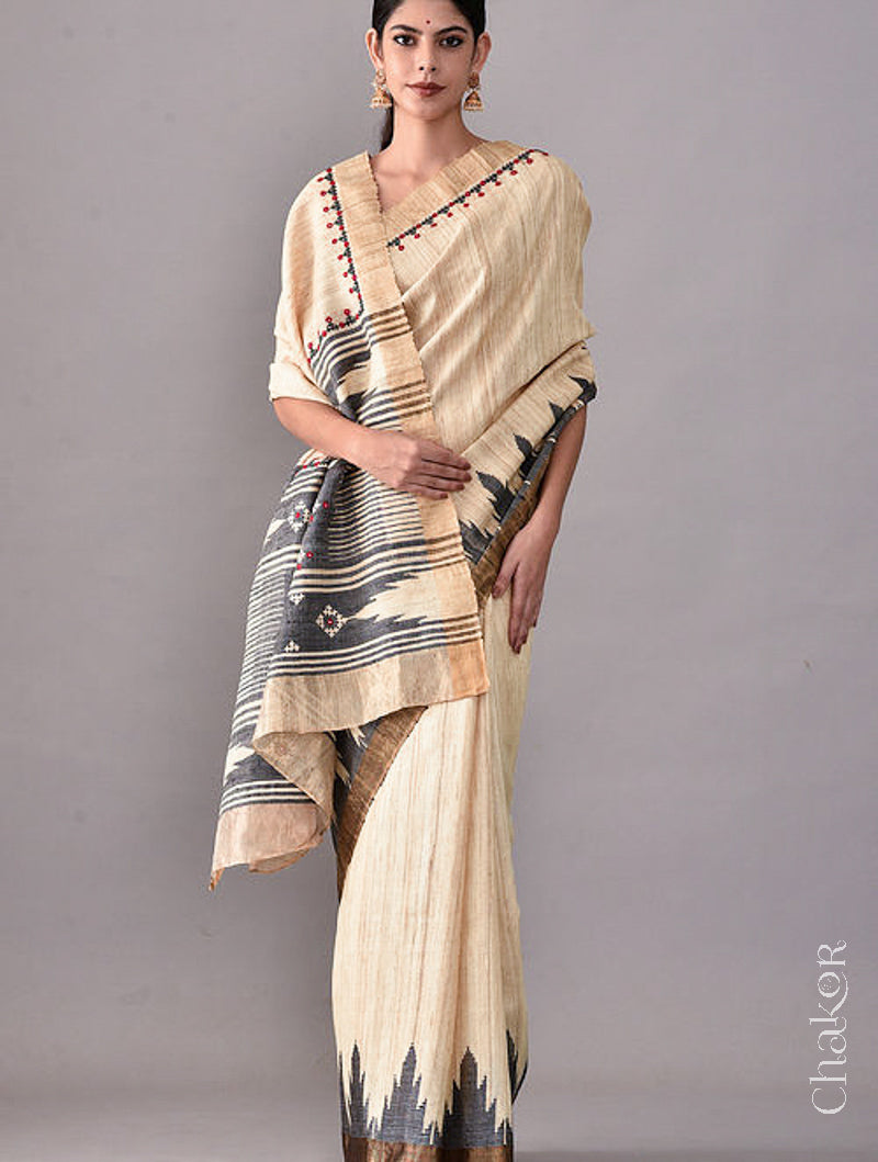 Natural Offwhite Black Khadi Tussar Silk Saree