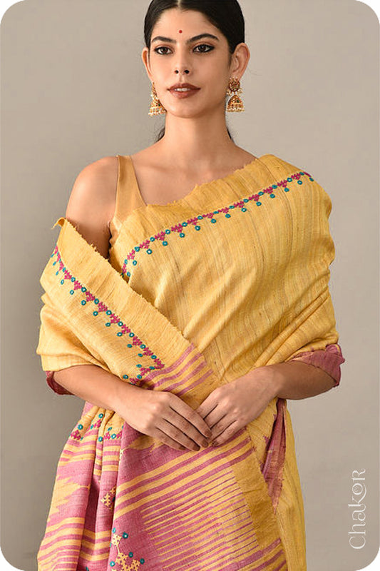 Yellow Pink Tussar Silk Saree