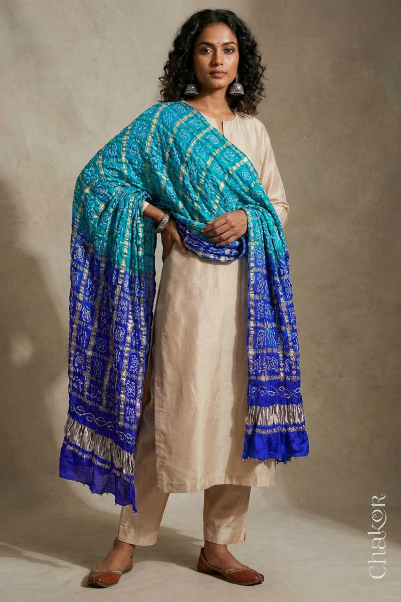 Blue Ombre Bandhani Gharchola Gaji Silk Dupatta