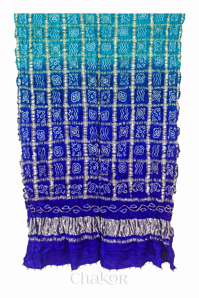 Blue Ombre Bandhani Gharchola Gaji Silk Dupatta