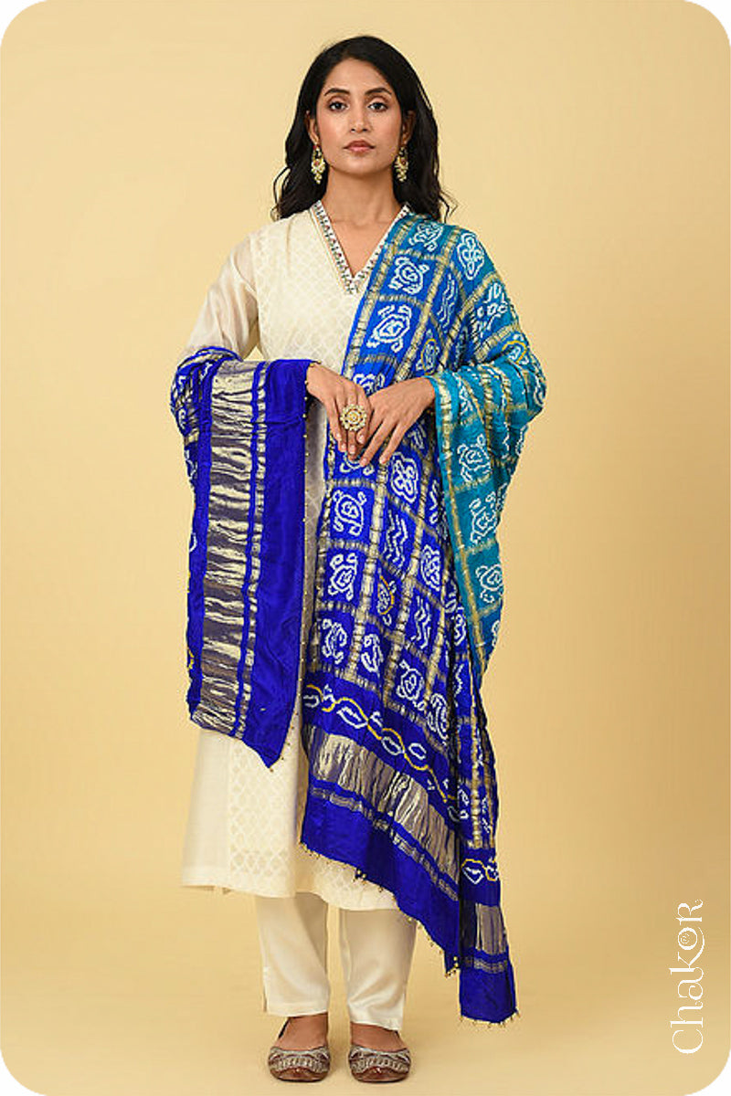 Blue Ombre Bandhani Gharchola Gaji Silk Dupatta