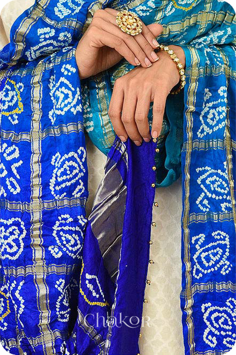 Blue Ombre Bandhani Gharchola Gaji Silk Dupatta