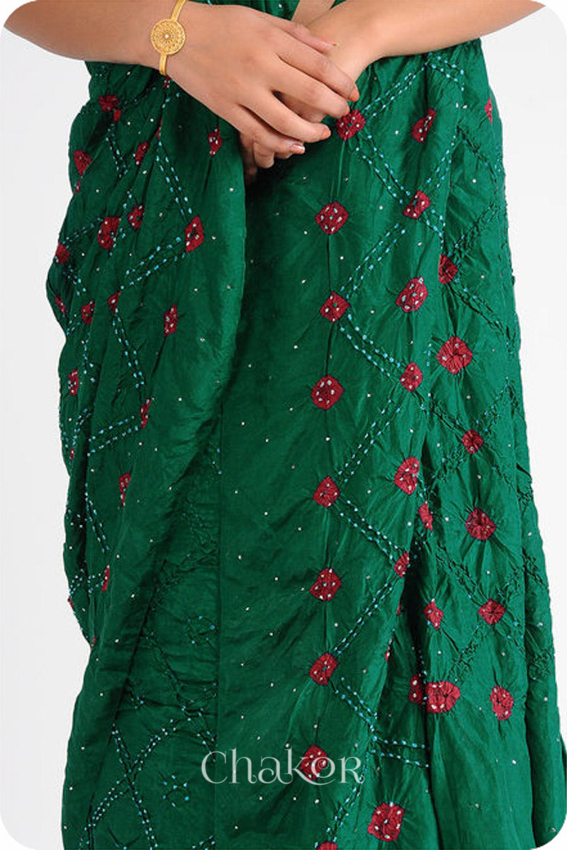 Chakor's traditional Green Red bandhani pure silk saree with mukaish embroidery