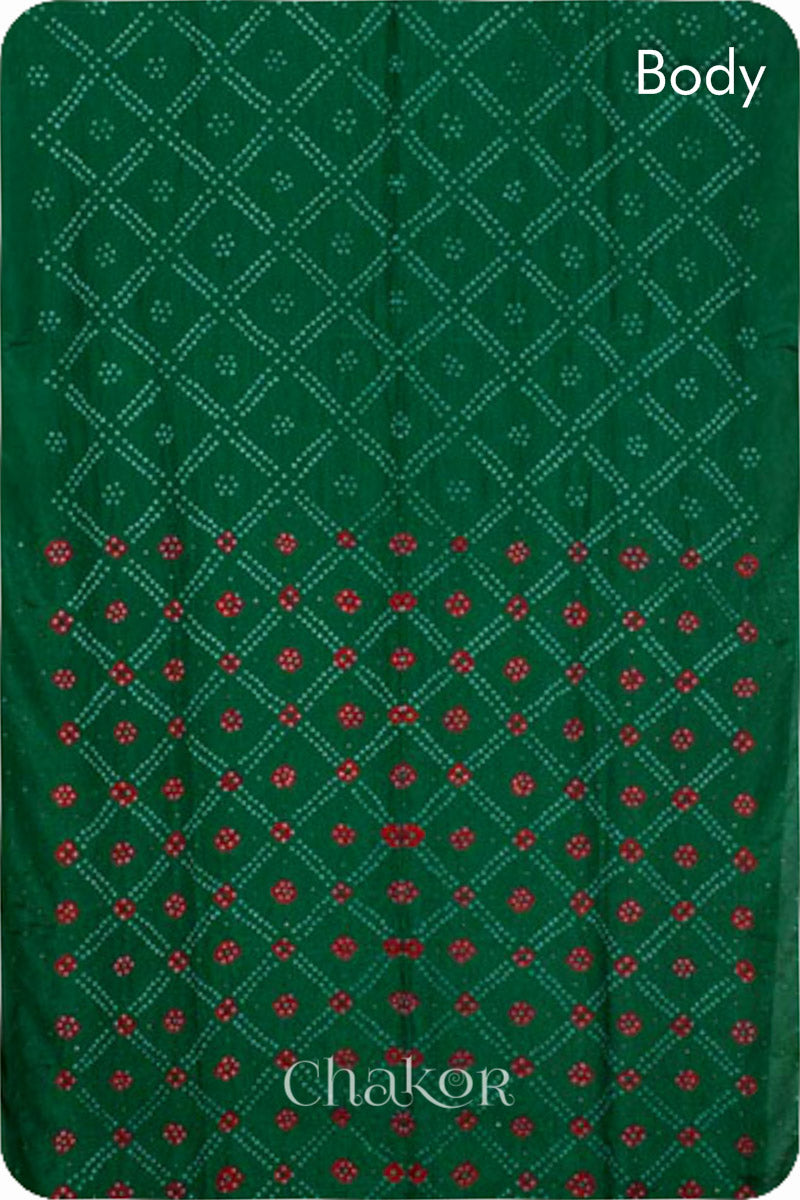 Chakor's traditional Green Red bandhani pure silk saree with mukaish embroidery