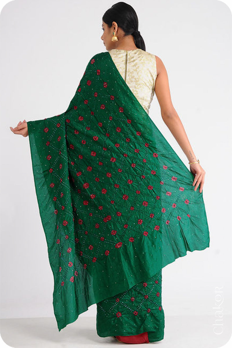 Chakor's traditional Green Red bandhani pure silk saree with mukaish embroidery