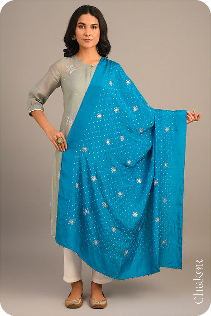 Peacock Blue Bandhani Mulberry Silk Dupatta