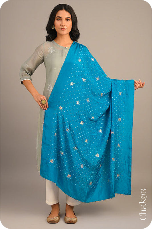 Peacock Blue Bandhani Mulberry Silk Dupatta