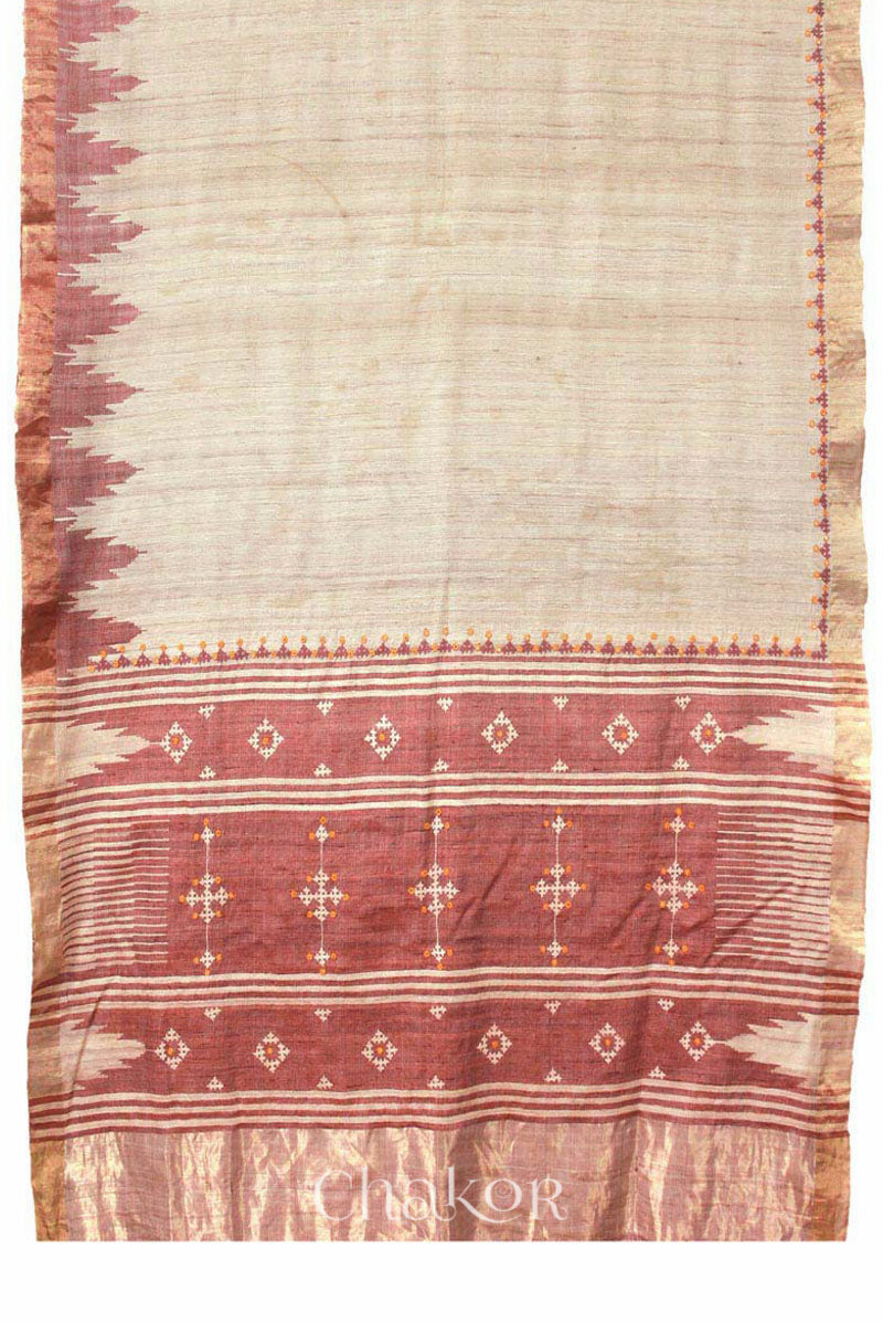 Natural Offwhite Rust Khadi Tussar Silk Saree