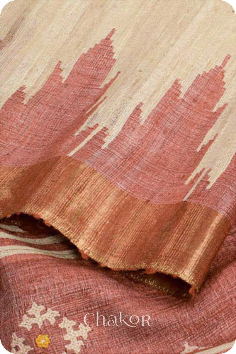 Natural Offwhite Rust Khadi Tussar Silk Saree