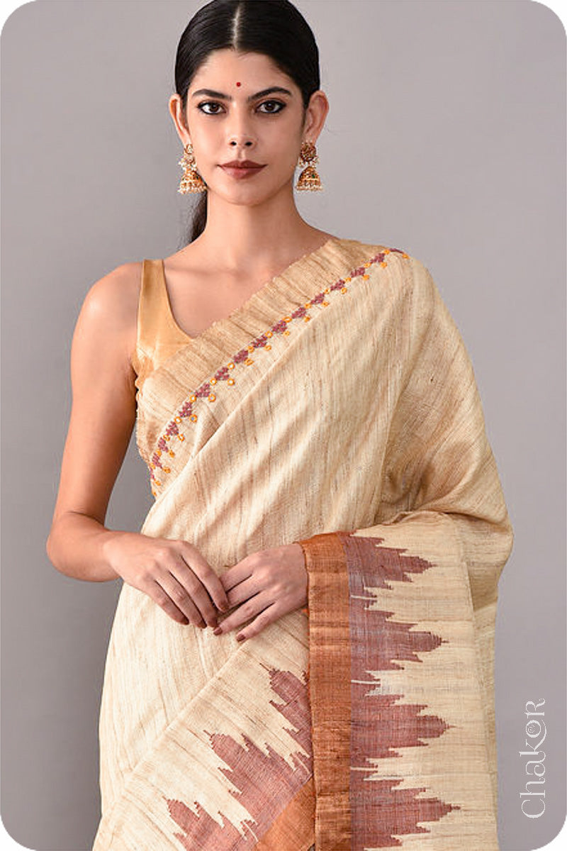 Natural Offwhite Rust Khadi Tussar Silk Saree