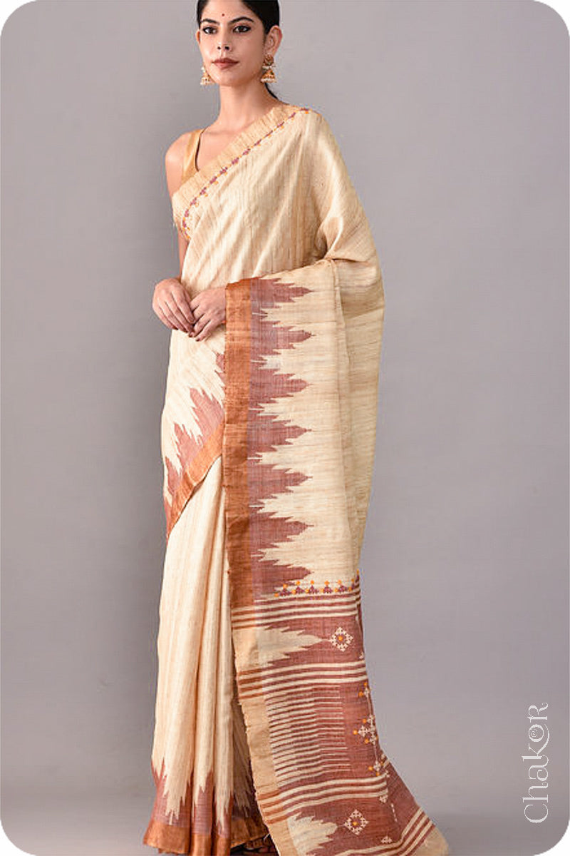 Natural Offwhite Rust Khadi Tussar Silk Saree