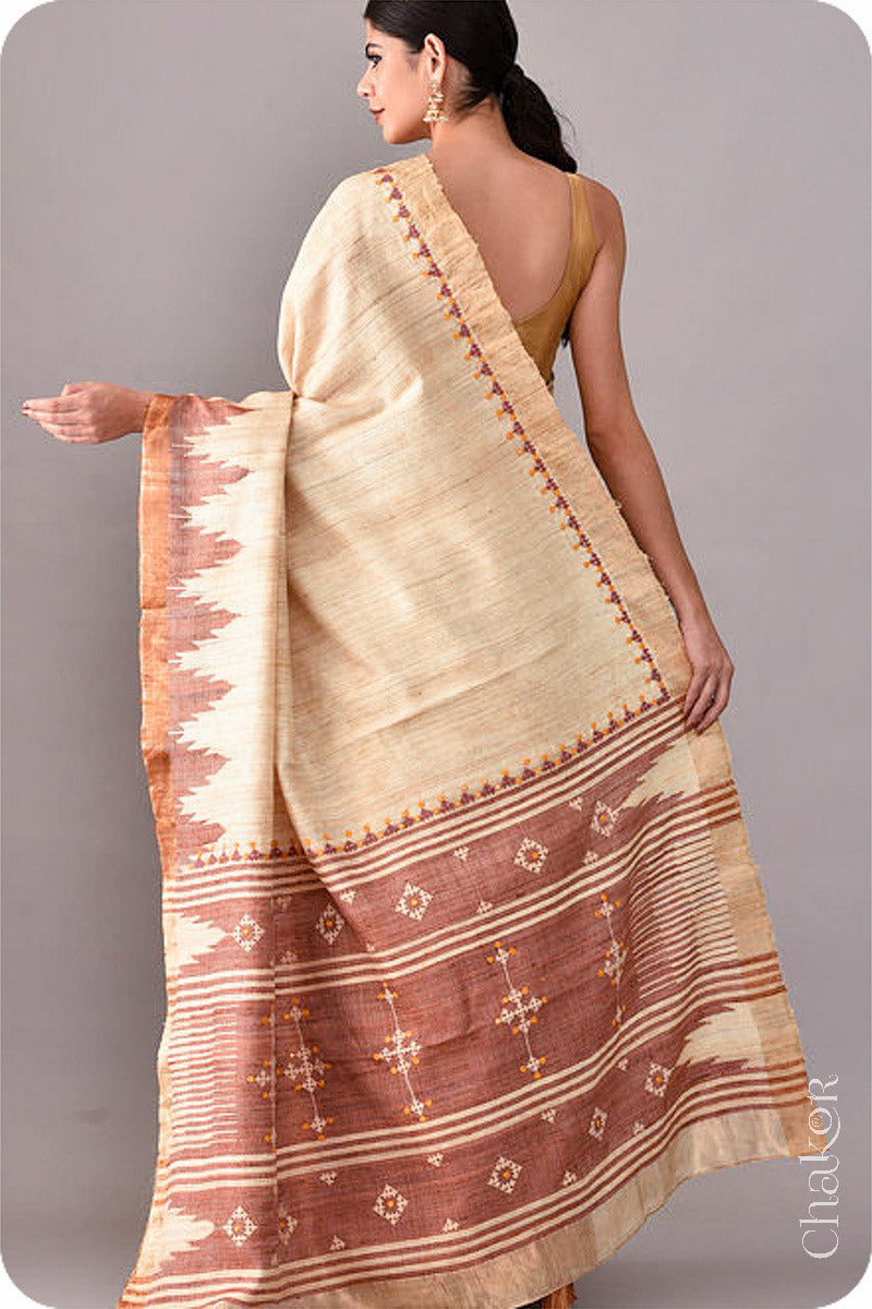 Natural Offwhite Rust Khadi Tussar Silk Saree