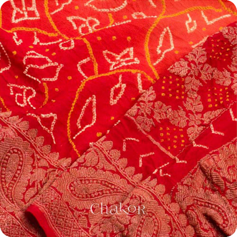 Chakor's traditional Orange Red bandhani banarasi pure silk saree