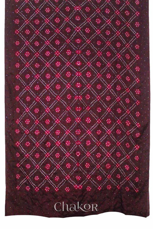 Chakor's traditional Maroon Red bandhani pure silk saree with mukaish embroidery