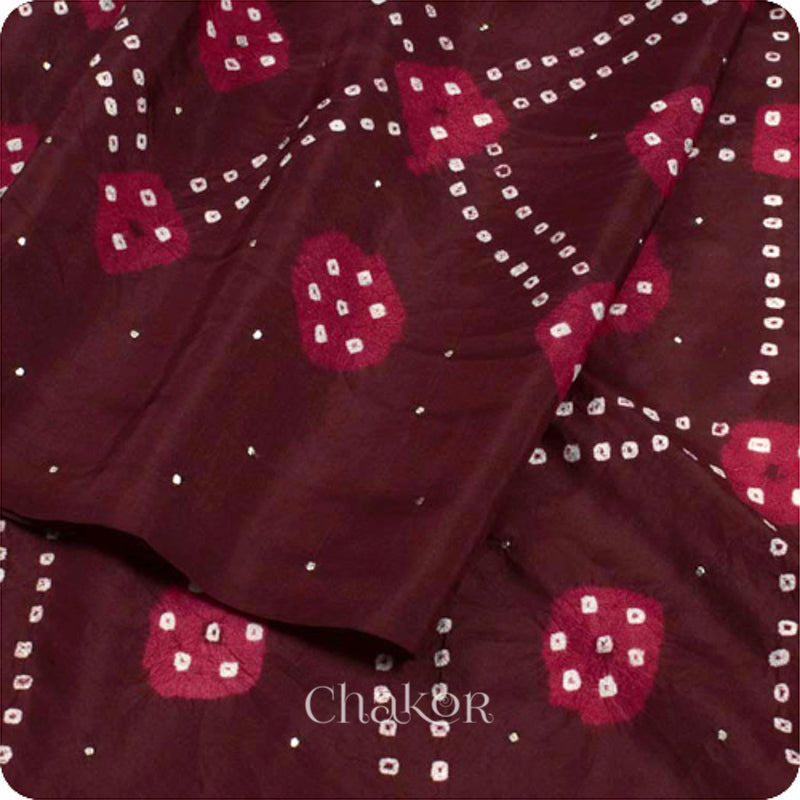 Chakor's traditional Maroon Red bandhani pure silk saree with mukaish embroidery