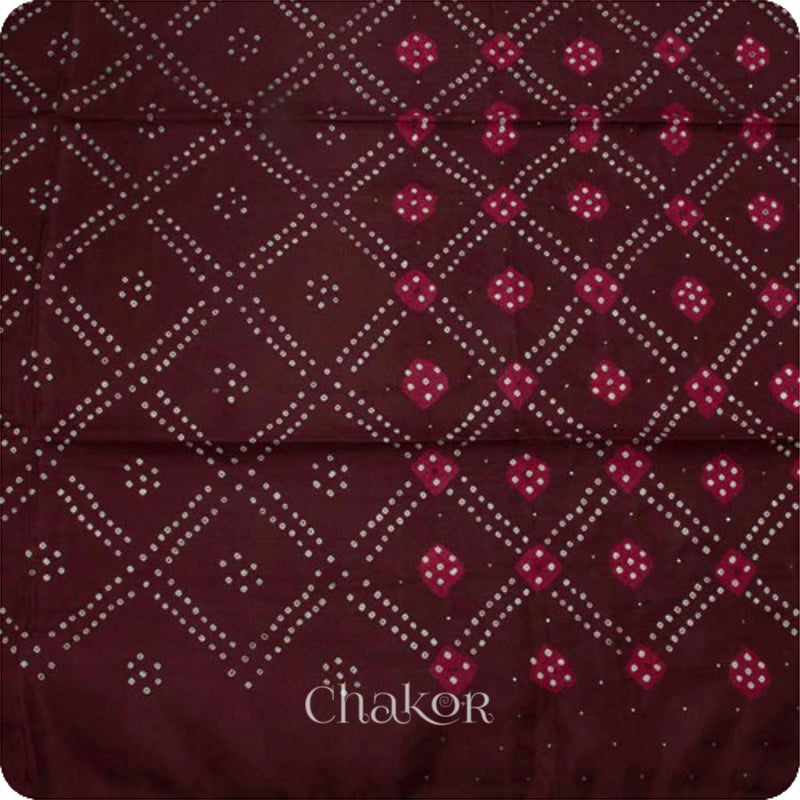 Chakor's traditional Maroon Red bandhani pure silk saree with mukaish embroidery