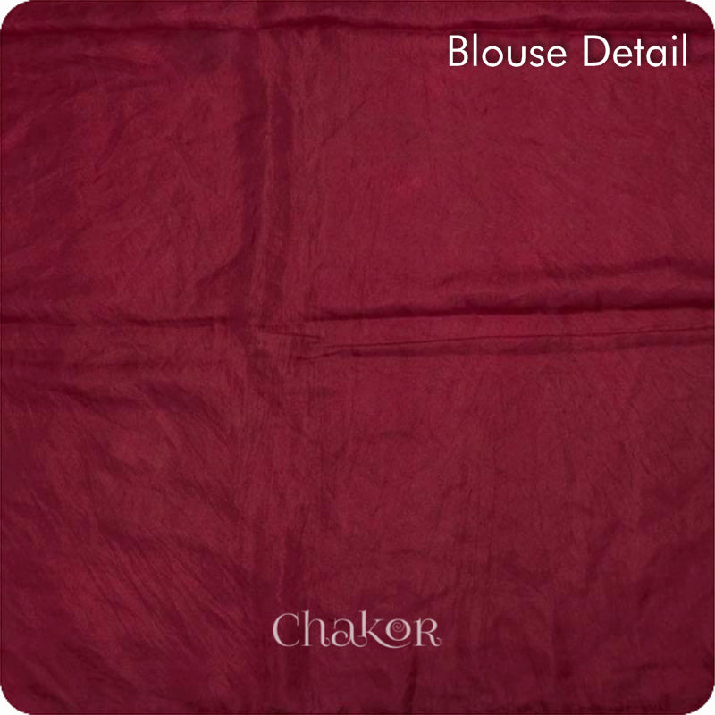 Chakor's traditional Maroon Red bandhani pure silk saree with mukaish embroidery