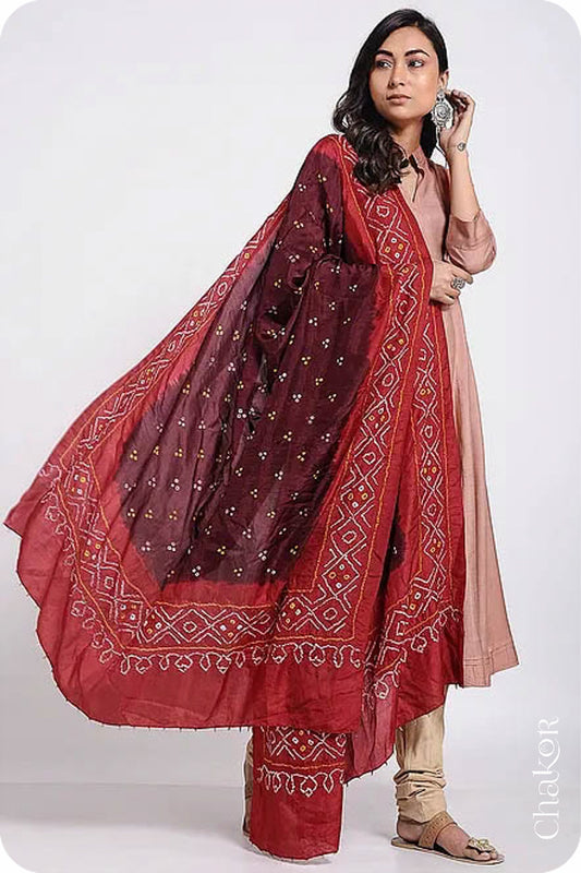 Maroon Red Bandhani Mulberry Silk Dupatta