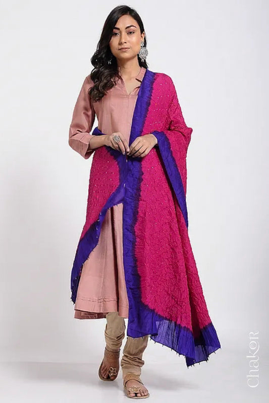 Pink Purple Bandhani Mulberry Silk Dupatta