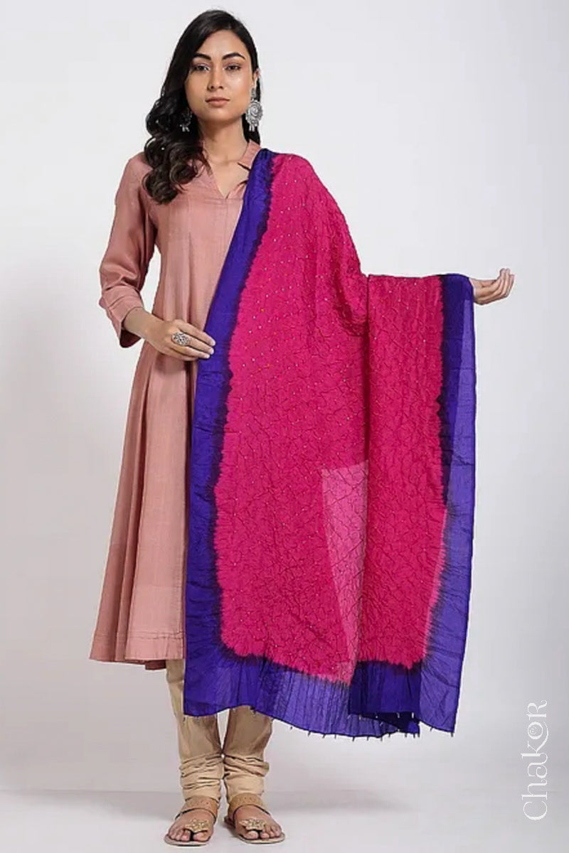 Pink Purple Bandhani Mulberry Silk Dupatta
