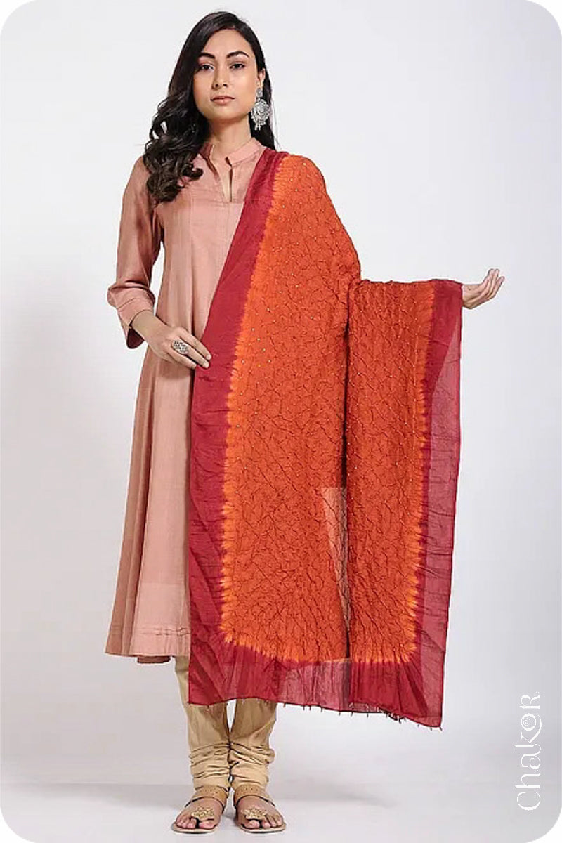 Orange Red Bandhani Mulberry Silk Dupatta