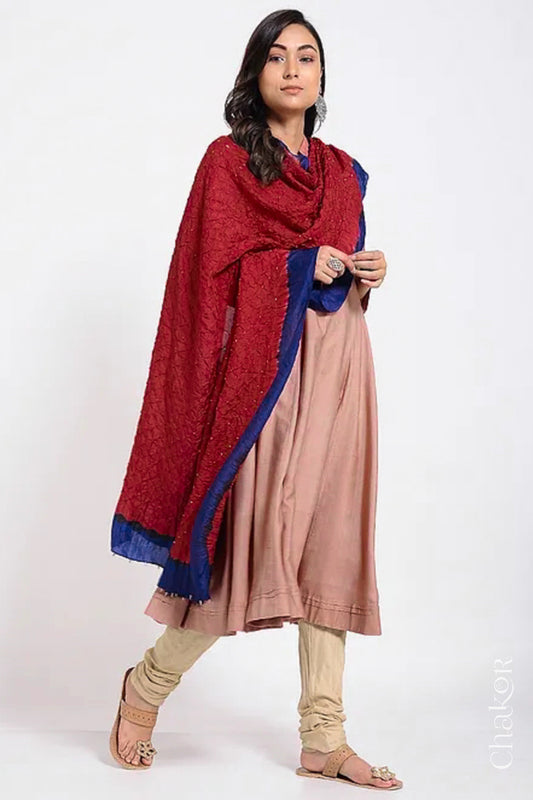 Red Navy Bandhani Mulberry Silk Dupatta